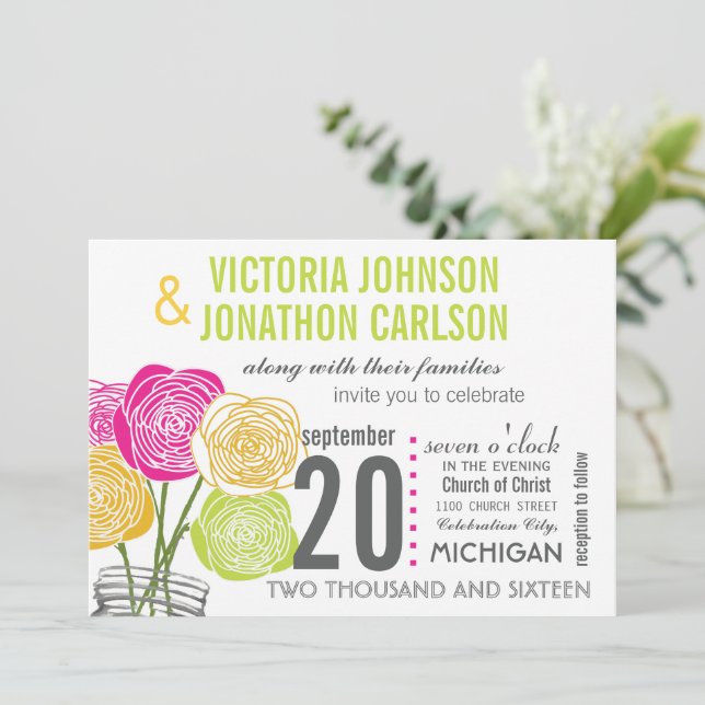 Pink Green Yellow Photo Floral ModernTypography Invitation (Standing Front)