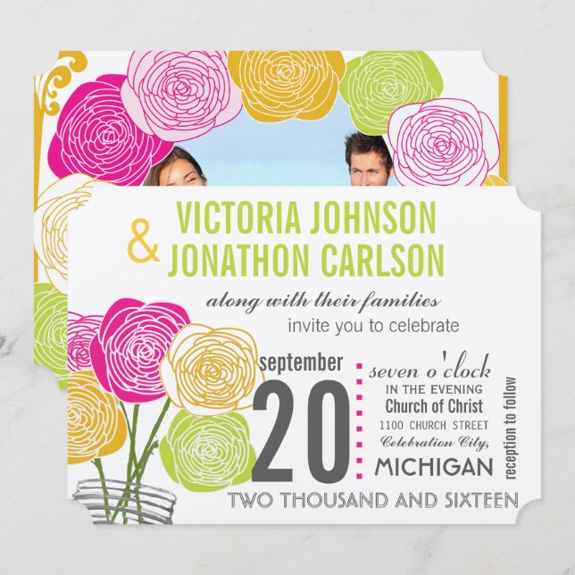 Pink Green Yellow Photo Floral ModernTypography Invitation (Front/Back)