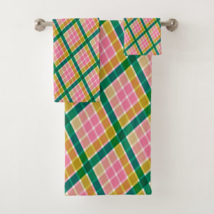 Pink Green Yellow Plaid Bright Modern Preppy Retro Bath Towel Set
