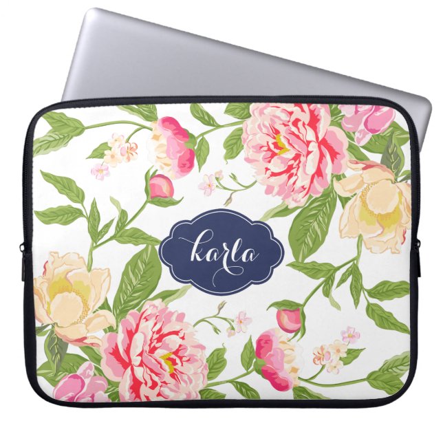 Pink Green & Yellow Spring Flowers Watercolors Laptop Sleeve (Front)