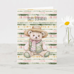 Pink Green Yellow Stripes Teddy Bear Birthday Card