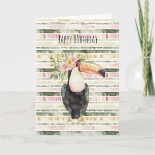Pink Green Yellow Stripes Toucan Bird Flowers Card