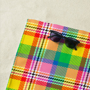Pink Green Yellow Tartan Plaid Design Beach Towel