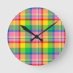 Pink Green Yellow Tartan Plaid Design  Round Clock