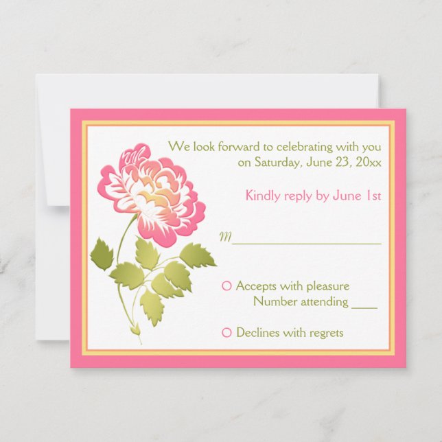Pink, Green, Yellow, White Peony Floral RSVP Card (Front)
