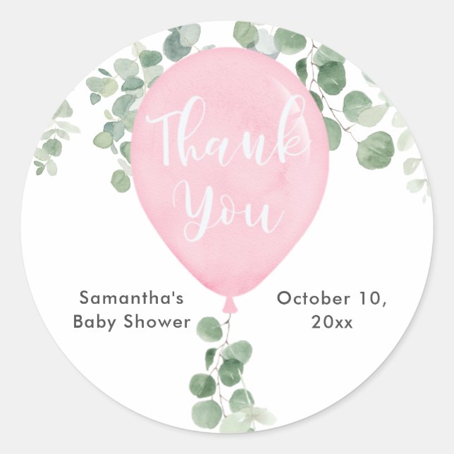 Pink greenery eucalyptus balloon baby stickers (Front)