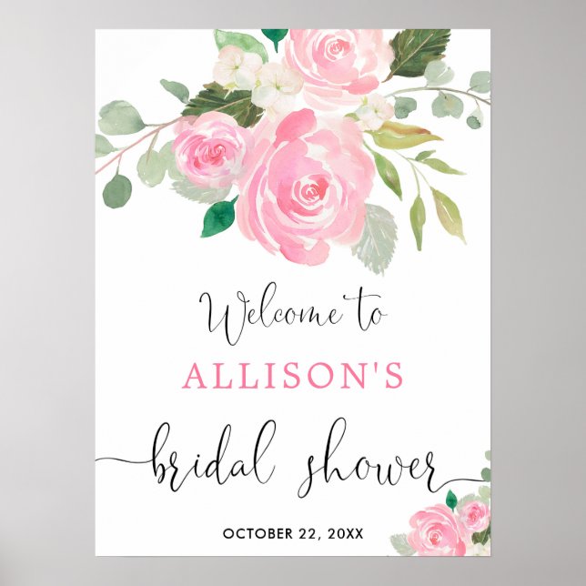 Pink greenery floral bridal shower welcome sign (Front)