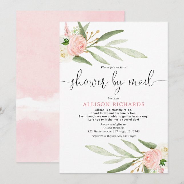 Pink greenery gold baby shower by mail girl invitation (Front/Back)