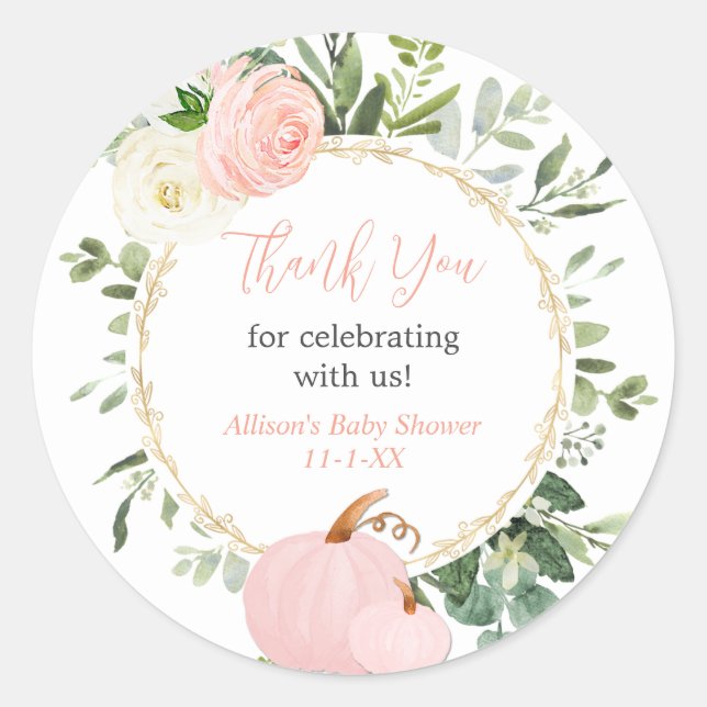 Pink greenery pumpkins elegant fall baby shower classic round sticker (Front)