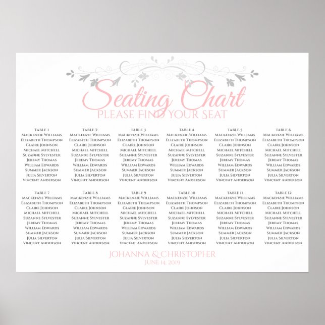 Pink & Grey 12 Table Wedding Seating Chart (Front)