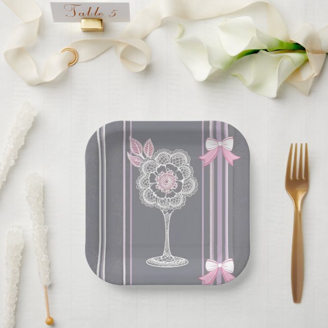 Pink & Grey AI art  Paper Plate (Wedding)