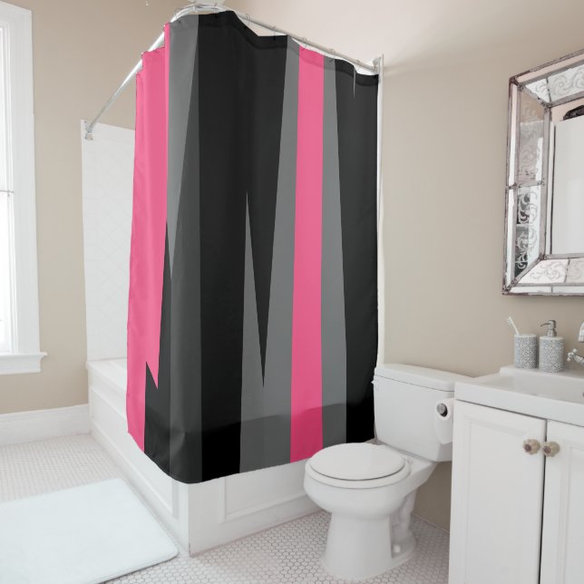 Pink Grey and Black Abstract Shower Curtain (In Situ)