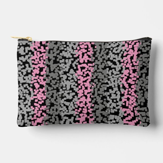 Pink, grey and black digital pixelated stripes accessory pouch (Front)