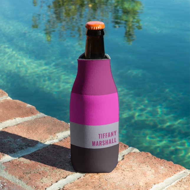 Pink Grey and Dark Muted Purple Stripes Pattern Bottle Cooler (In Situ Pool)