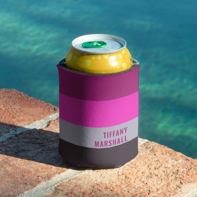 Pink Grey and Dark Muted Purple Stripes Pattern Can Cooler (In Situ Pool)