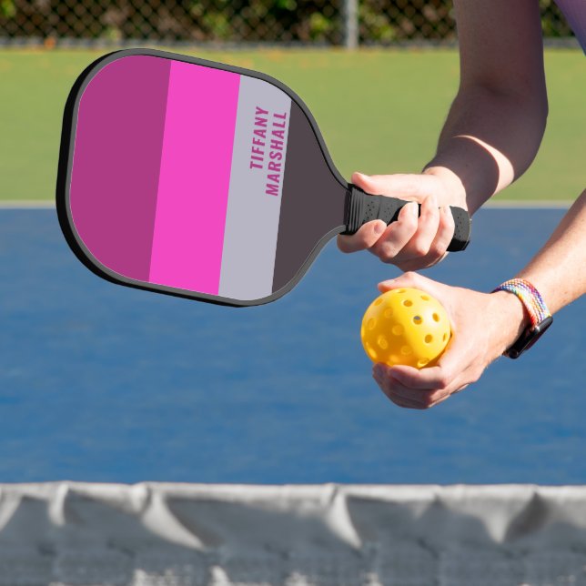 Pink Grey and Dark Muted Purple Stripes Pattern Pickleball Paddle (Insitu)