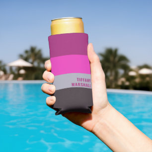 Pink Grey and Dark Muted Purple Stripes Pattern Seltzer Can Cooler