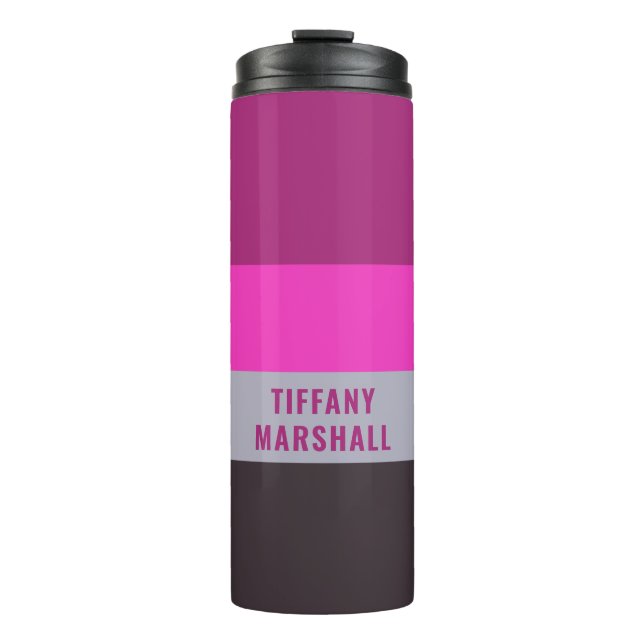 Pink Grey and Dark Muted Purple Stripes Pattern Thermal Tumbler (Front)