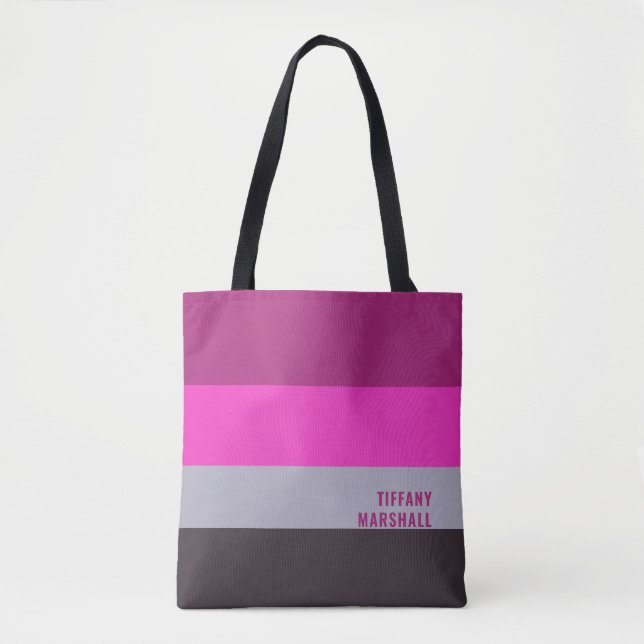 Pink Grey and Dark Muted Purple Stripes Pattern Tote Bag (Front)