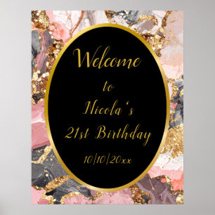 Pink, Grey and Gold Marble Agate Birthday Party Poster