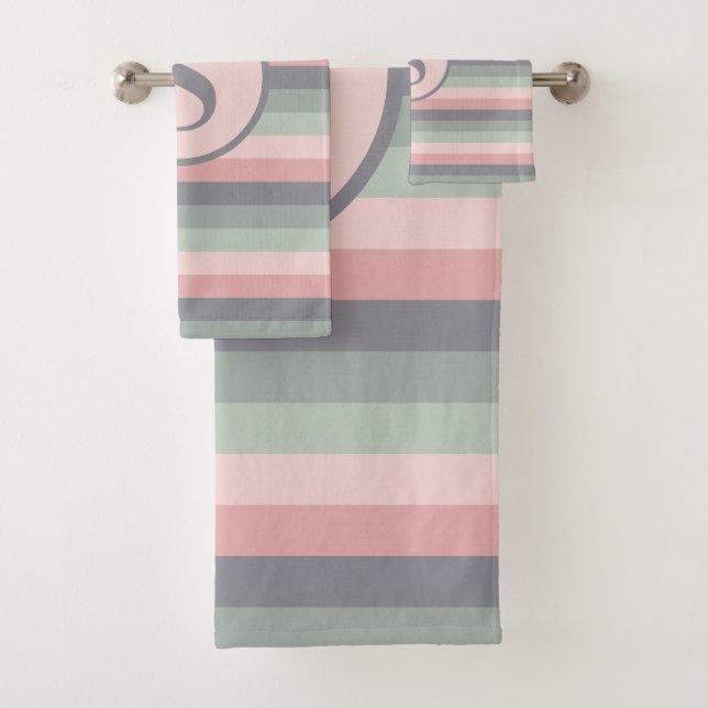 Pink Grey and Green Horizontal Striped Bath Towel Set (Insitu)