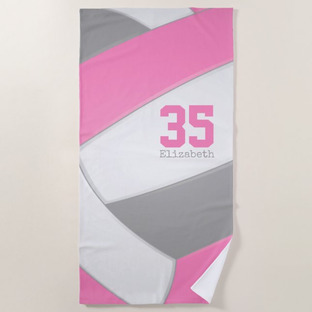 pink grey and white girls volleyball personalized beach towel (Front)