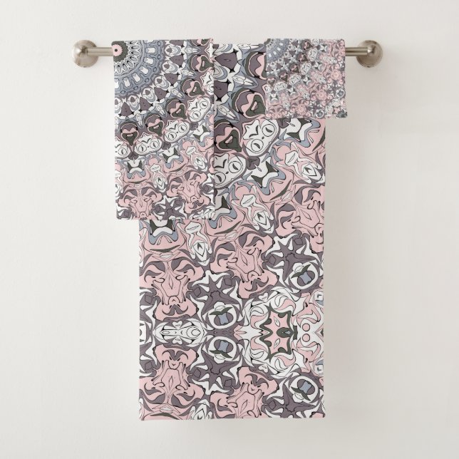 Pink Grey and White Mandala Pattern Bath Towel Set (Insitu)