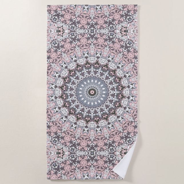 Pink Grey and White Mandala Pattern Beach Towel (Front)