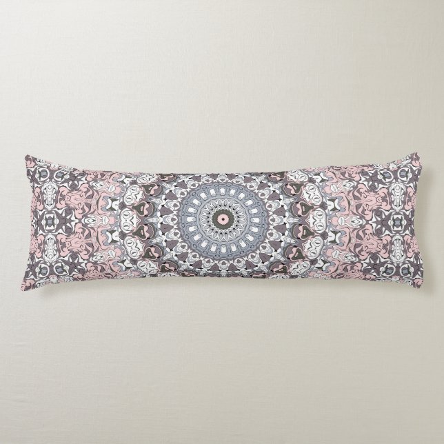 Pink Grey and White Mandala Pattern Body Pillow (Front)