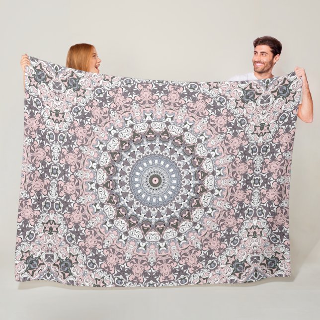 Pink Grey and White Mandala Pattern Fleece Blanket (In Situ)