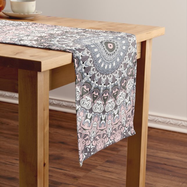 Pink Grey and White Mandala Pattern Long Table Runner (In Situ)