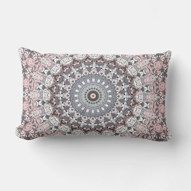Pink Grey and White Mandala Pattern Lumbar Pillow (Front)
