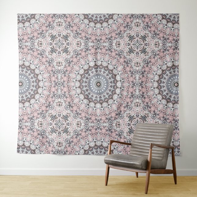 Pink Grey and White Mandala Pattern Tapestry (In Situ (Horizontal))
