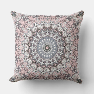 Pink Grey and White Mandala Pattern Throw Pillow