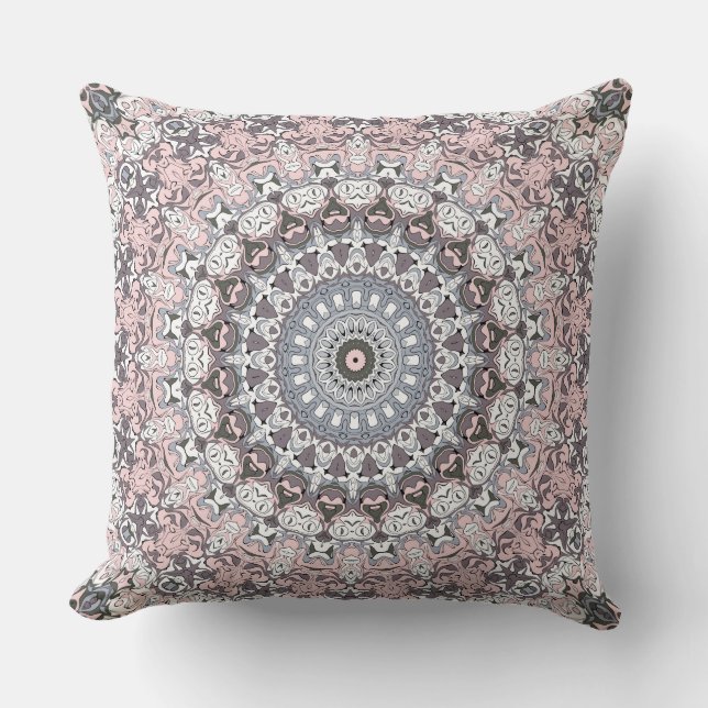 Pink Grey and White Mandala Pattern Throw Pillow (Front)