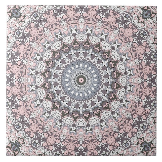Pink Grey and White Mandala Pattern Tile (Front)