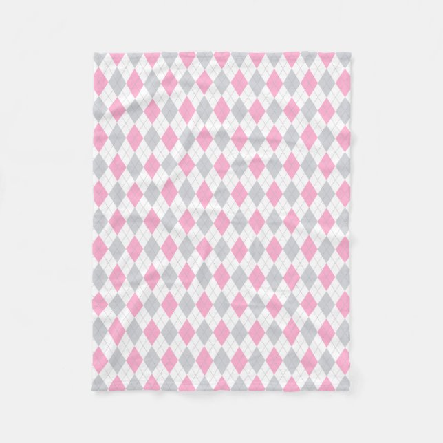 Pink Grey Argyle Pattern Fleece Blanket (Front)