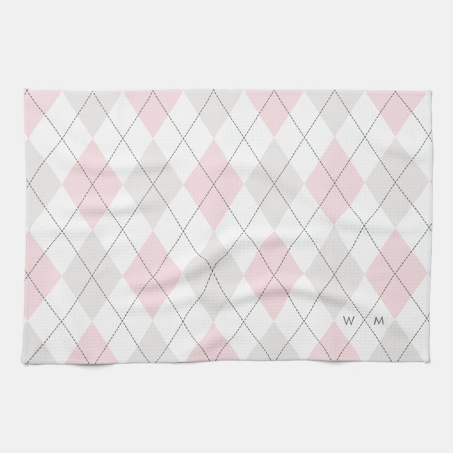 Pink & Grey Argyle Pattern Monogram Kitchen Towel (Horizontal)