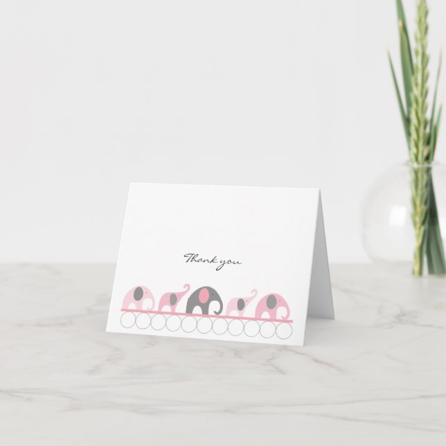 Pink & Grey Baby Shower Elephant Thank you notes (Front)