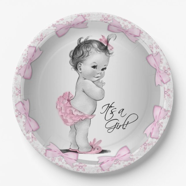 Pink Grey Baby Shower Paper Plates (Front)