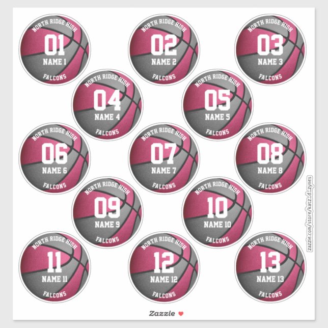 pink grey basketball players names 3 inch stickers (Sheet)