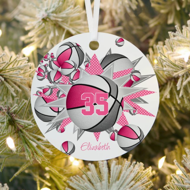 pink grey basketballs stars girls keepsake metal ornament (Insitu)