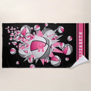 pink grey basketballs stars her name monogrammed beach towel