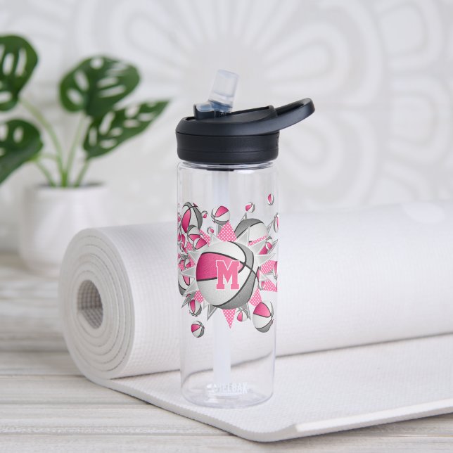pink grey basketballs stars personalized water bottle (Yoga)