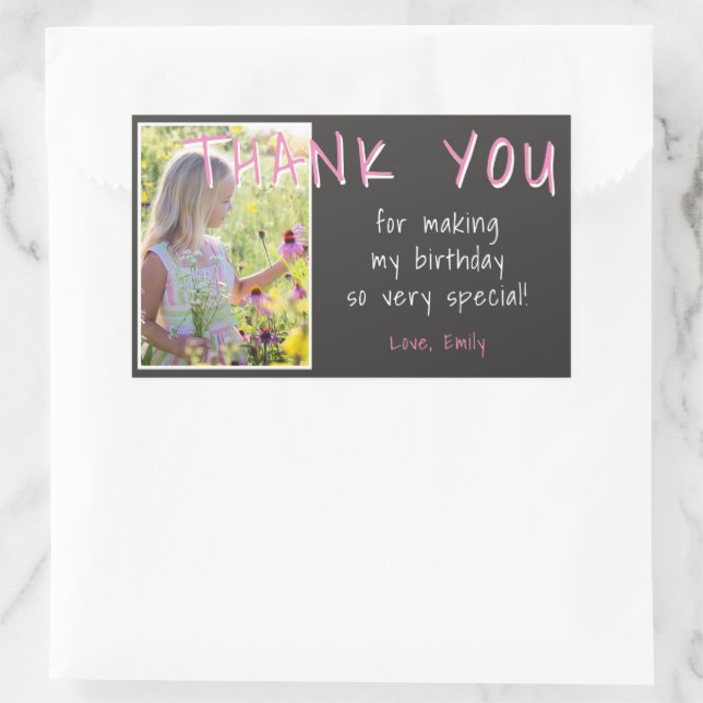 Pink Grey Birthday Girl Photo Thank you Favour Sticker (Bag)
