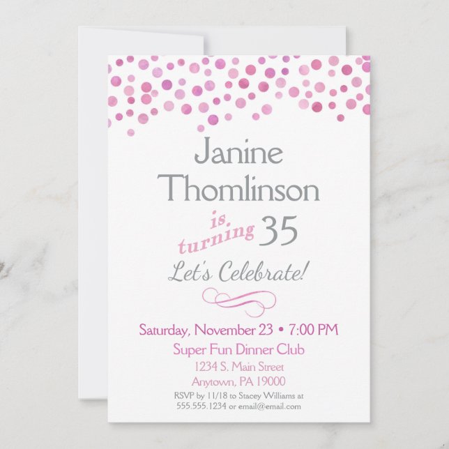 Pink Grey Birthday Invitation Confetti Watercolor (Front)