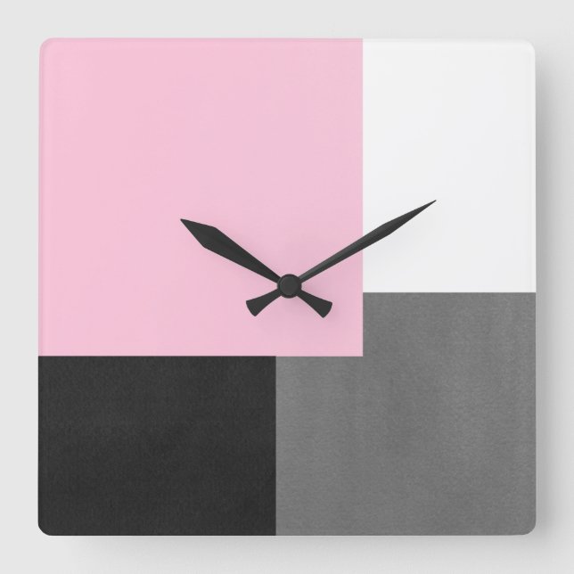 Pink Grey Black and White Geometric Block Square Wall Clock (Front)