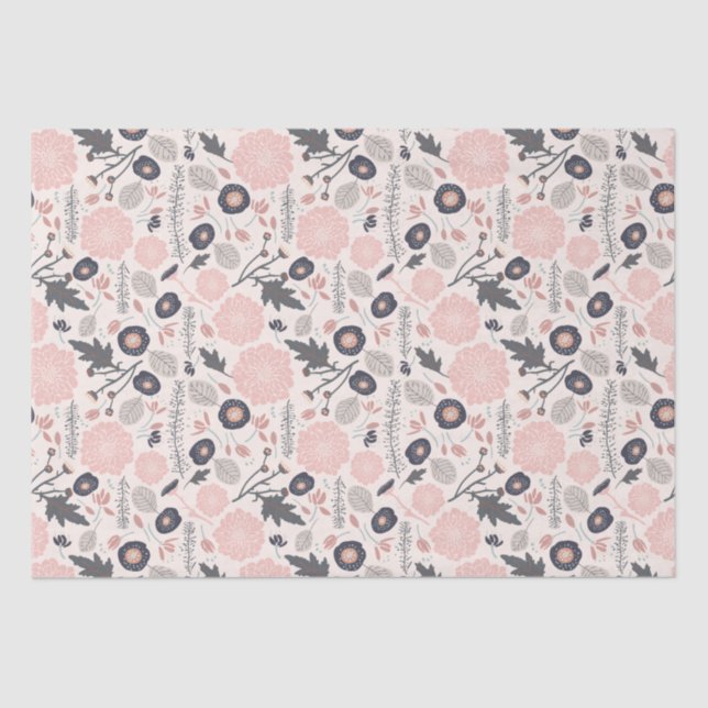 Pink Grey Black Botanical Floral Pattern Tissue Paper (Front)