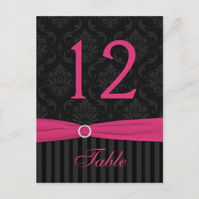 Pink Grey Black Damask Stripe Table Number Card (Front)