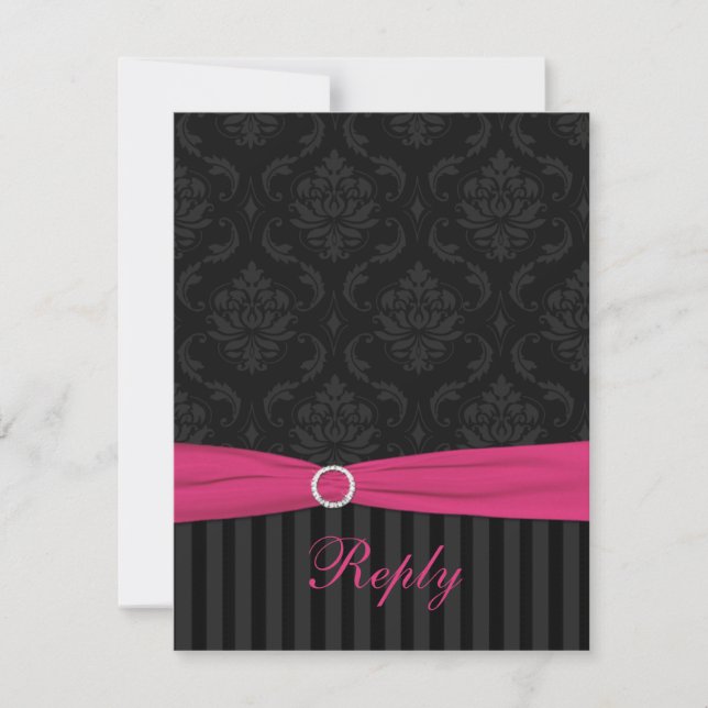 Pink Grey Black Damask Stripes Scrolls Reply Card (Front)